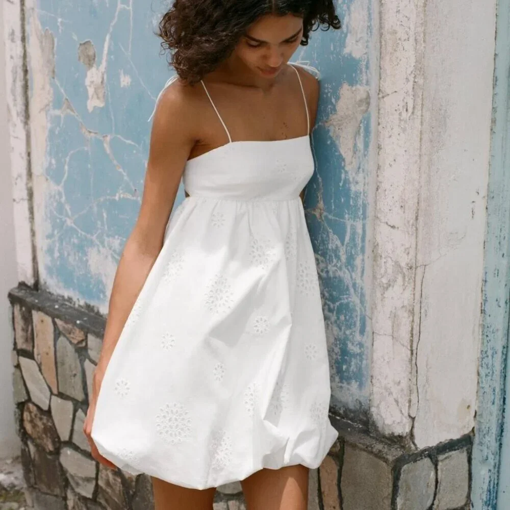 Zara Strapless Bubble Cotton Poplin Mini Dress White Size Medium Blogger Fav - Picture 3 of 11